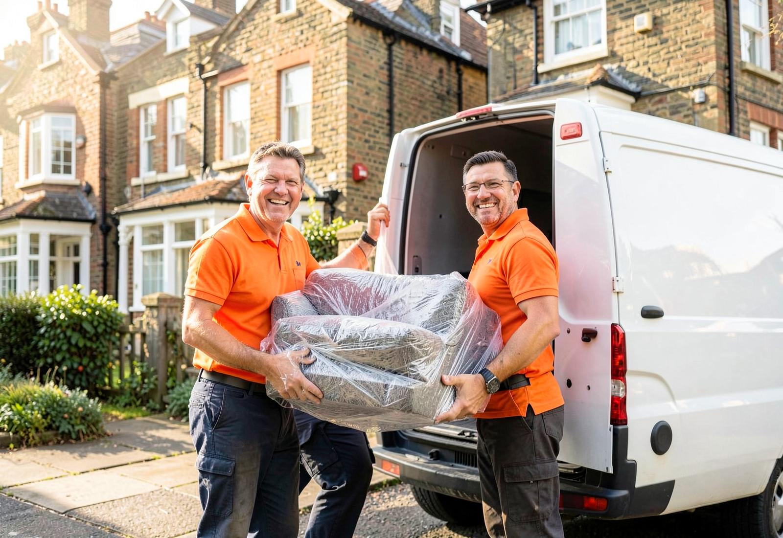JH Logistics movers carrying a wrapped sofa into a removals van